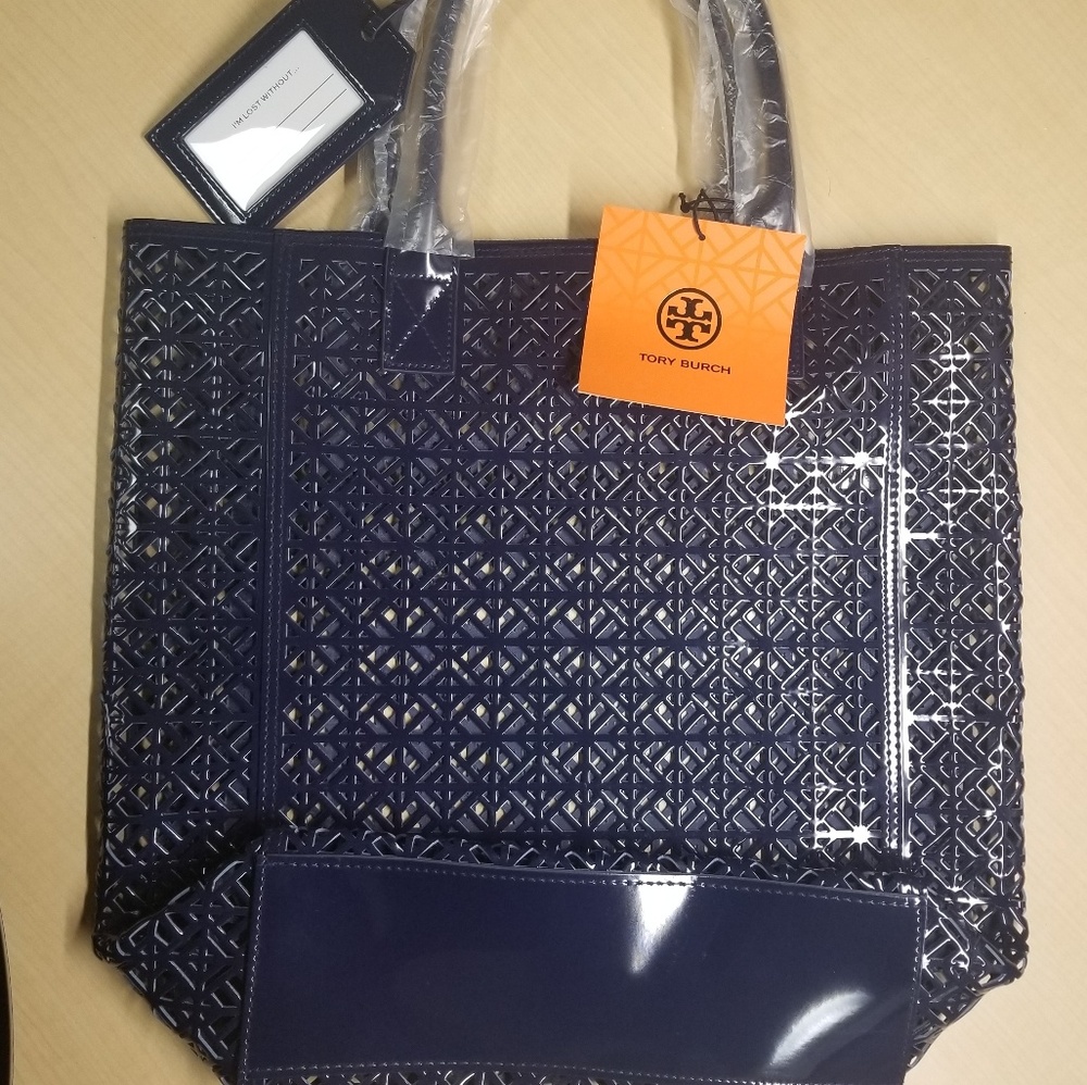 Tory Burch Navy Glossy Patent Tote with Logo Tag